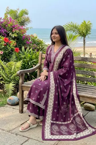purple floral printed cotton v-neck anarkali kurta pant dupatta set