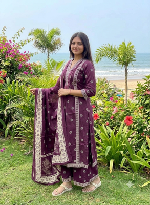 purple floral printed cotton v-neck anarkali kurta pant dupatta set 3