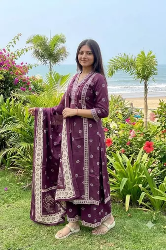 purple floral printed cotton v-neck anarkali kurta pant dupatta set