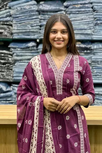 purple floral printed cotton v-neck anarkali kurta pant dupatta set