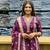 purple floral printed cotton v-neck anarkali kurta pant dupatta set