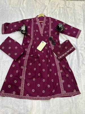 purple floral printed cotton v-neck anarkali kurta pant dupatta set 5