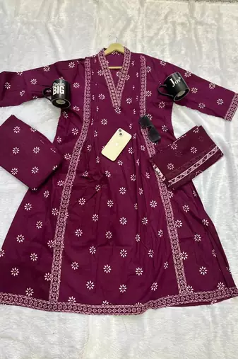 purple floral printed cotton v-neck anarkali kurta pant dupatta set