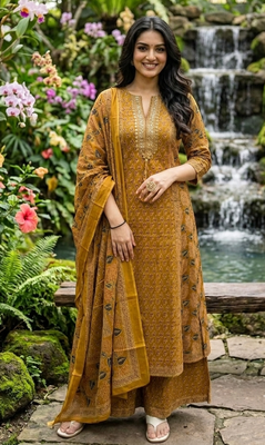 Beautiful jaipuri mustard yellow zari embroidered cotton block print straight kurta palazzo suit set with dupatta 1