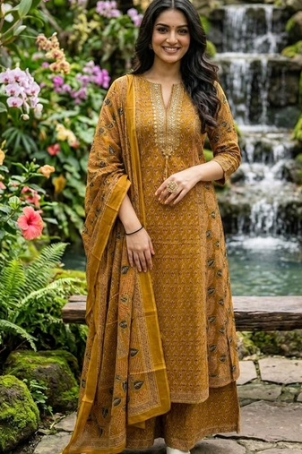 Beautiful jaipuri mustard yellow zari embroidered cotton block print straight kurta palazzo suit set with dupatta