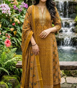 Beautiful jaipuri mustard yellow zari embroidered cotton block print straight kurta palazzo suit set with dupatta