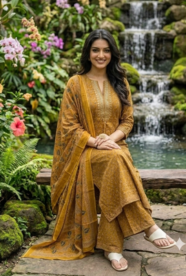 Beautiful jaipuri mustard yellow zari embroidered cotton block print straight kurta palazzo suit set with dupatta 2