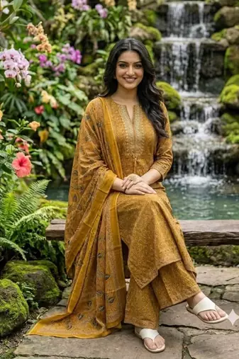 Beautiful jaipuri mustard yellow zari embroidered cotton block print straight kurta palazzo suit set with dupatta
