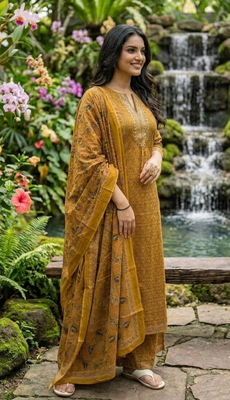 Beautiful jaipuri mustard yellow zari embroidered cotton block print straight kurta palazzo suit set with dupatta 3