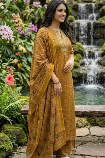 Beautiful jaipuri mustard yellow zari embroidered cotton block print straight kurta palazzo suit set with dupatta
