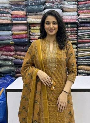 Beautiful jaipuri mustard yellow zari embroidered cotton block print straight kurta palazzo suit set with dupatta 4
