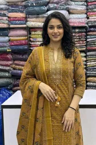 Beautiful jaipuri mustard yellow zari embroidered cotton block print straight kurta palazzo suit set with dupatta