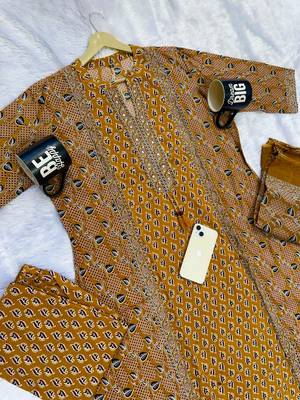 Beautiful jaipuri mustard yellow zari embroidered cotton block print straight kurta palazzo suit set with dupatta 5