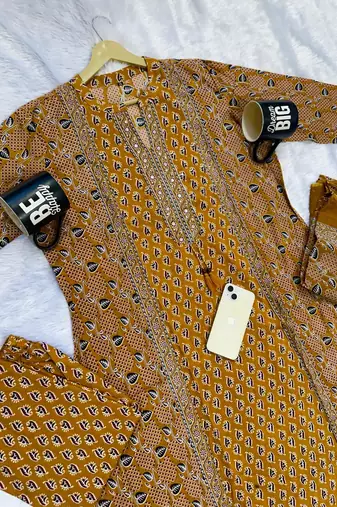 Beautiful jaipuri mustard yellow zari embroidered cotton block print straight kurta palazzo suit set with dupatta