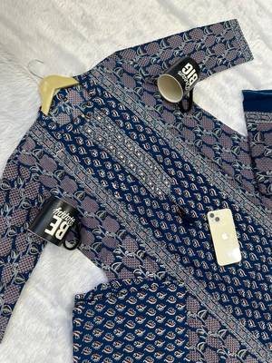 navy blue floral printed cotton straight kurta set with trousers and dupatta 2