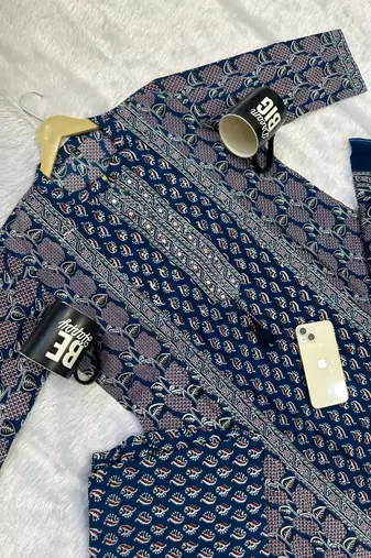 navy blue floral printed cotton straight kurta set with trousers and dupatta