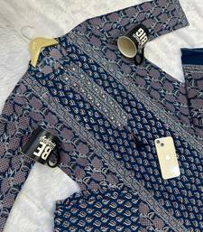 navy blue floral printed cotton straight kurta set with trousers and dupatta