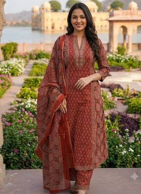rust red ajrakh printed cotton straight kurta set with dupatta 1