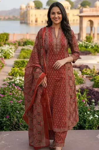 rust red ajrakh printed cotton straight kurta set with dupatta