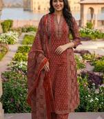 rust red ajrakh printed cotton straight kurta set with dupatta