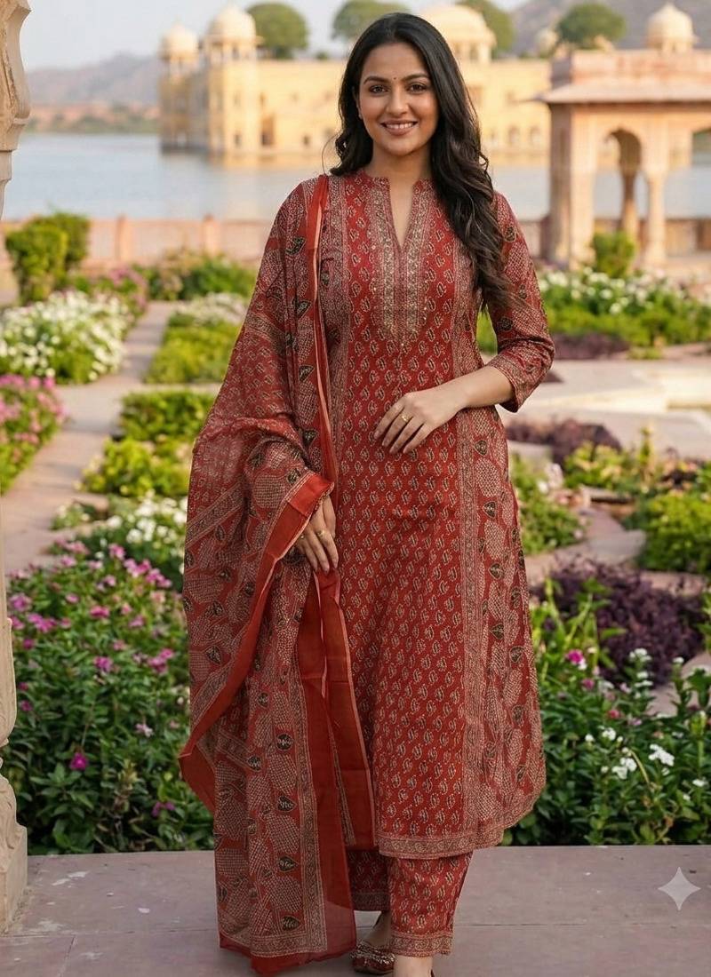 rust red ajrakh printed cotton straight kurta set with dupatta