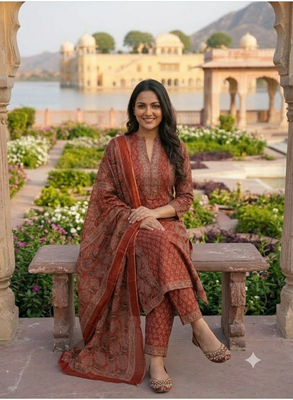 rust red ajrakh printed cotton straight kurta set with dupatta 2