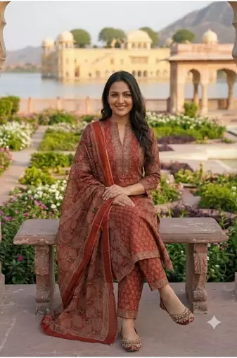 rust red ajrakh printed cotton straight kurta set with dupatta