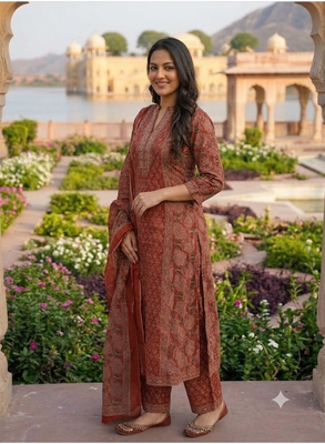 rust red ajrakh printed cotton straight kurta set with dupatta 3