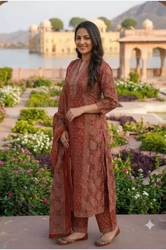 rust red ajrakh printed cotton straight kurta set with dupatta