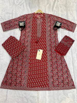 rust red ajrakh printed cotton straight kurta set with dupatta 4