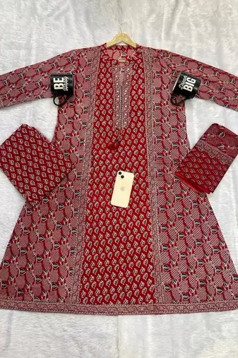 rust red ajrakh printed cotton straight kurta set with dupatta