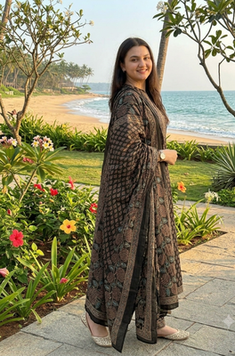 black ajrakh hand-block printed cotton straight-cut kurta palazzo suit set with dupatta 3