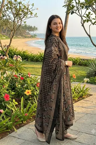 black ajrakh hand-block printed cotton straight-cut kurta palazzo suit set with dupatta