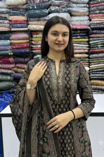 black ajrakh hand-block printed cotton straight-cut kurta palazzo suit set with dupatta