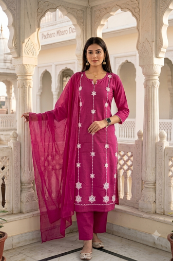 pink cotton straight kurta set with white embroidery and dupatta