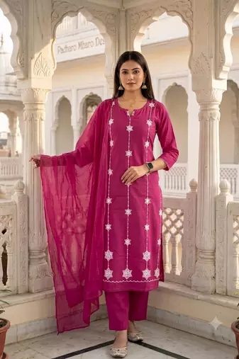 pink cotton straight kurta set with white embroidery and dupatta