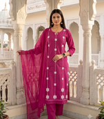 pink cotton straight kurta set with white embroidery and dupatta