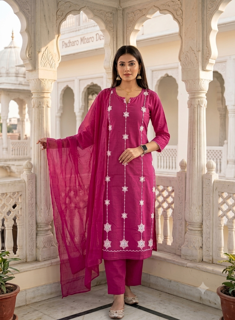 pink cotton straight kurta set with white embroidery and dupatta