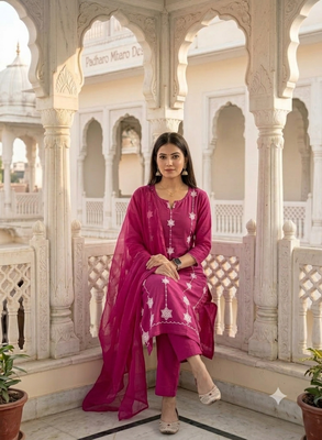 pink cotton straight kurta set with white embroidery and dupatta 2