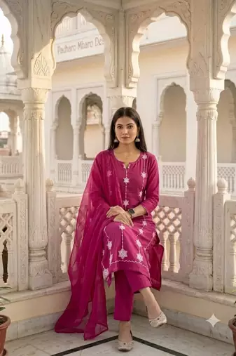 pink cotton straight kurta set with white embroidery and dupatta