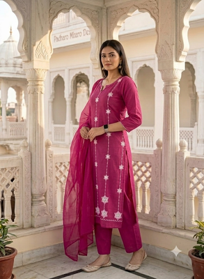 pink cotton straight kurta set with white embroidery and dupatta 3