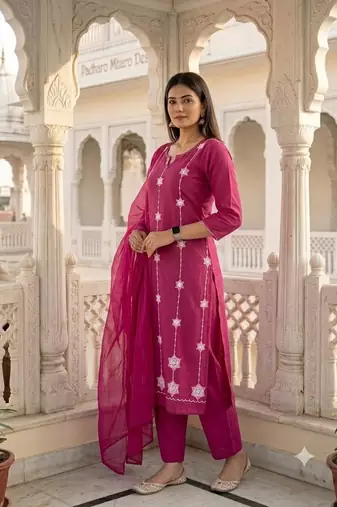 pink cotton straight kurta set with white embroidery and dupatta