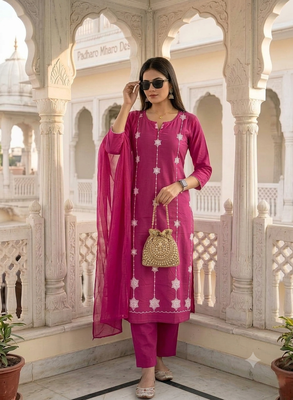 pink cotton straight kurta set with white embroidery and dupatta 4