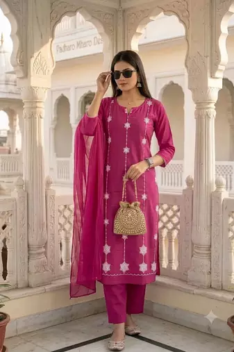 pink cotton straight kurta set with white embroidery and dupatta
