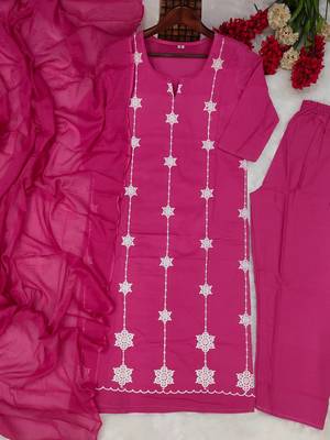 pink cotton straight kurta set with white embroidery and dupatta 5