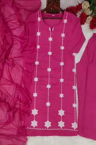 pink cotton straight kurta set with white embroidery and dupatta