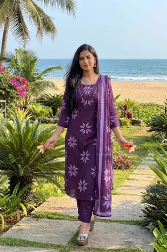 Beautiful jaipuri purple floral printed cotton anarkali suit with dupatta