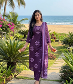 Beautiful jaipuri purple floral printed cotton anarkali suit with dupatta