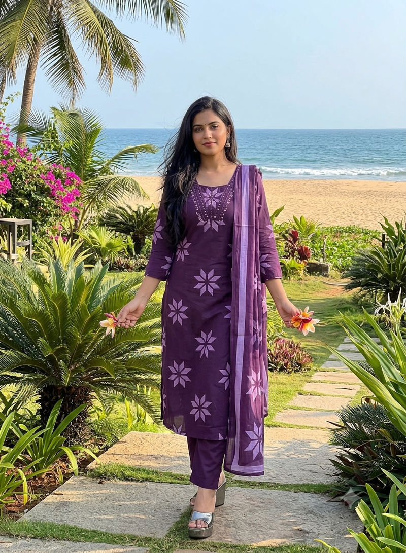 Beautiful jaipuri purple floral printed cotton anarkali suit with dupatta
