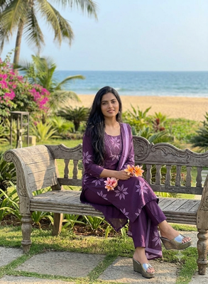 Beautiful jaipuri purple floral printed cotton anarkali suit with dupatta 2